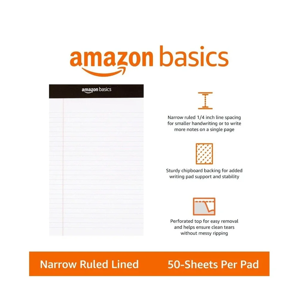 Amazon Basics Narrow Ruled Writing Pads White 5x8 Inch 12 Pack 50 Sheets Per Pad